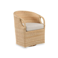 A natural woven rattan swivel armchair with a light beige cushion on a white background.