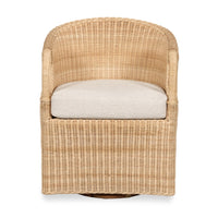 A natural woven rattan swivel armchair with a light beige seat cushion, shown against a plain white background.