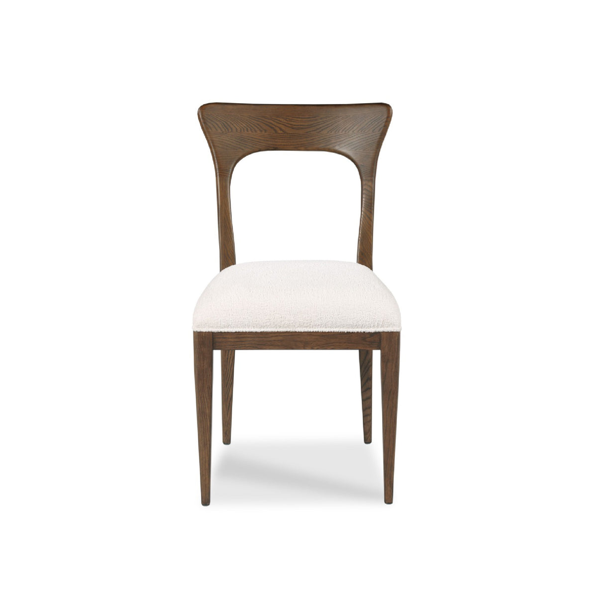 A mid-century modern dining chair with a curved dark brown wooden frame and a light beige textured upholstered seat, shown against a plain white background.