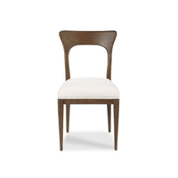 A mid-century modern dining chair with a curved dark brown wooden frame and a light beige textured upholstered seat, shown against a plain white background.