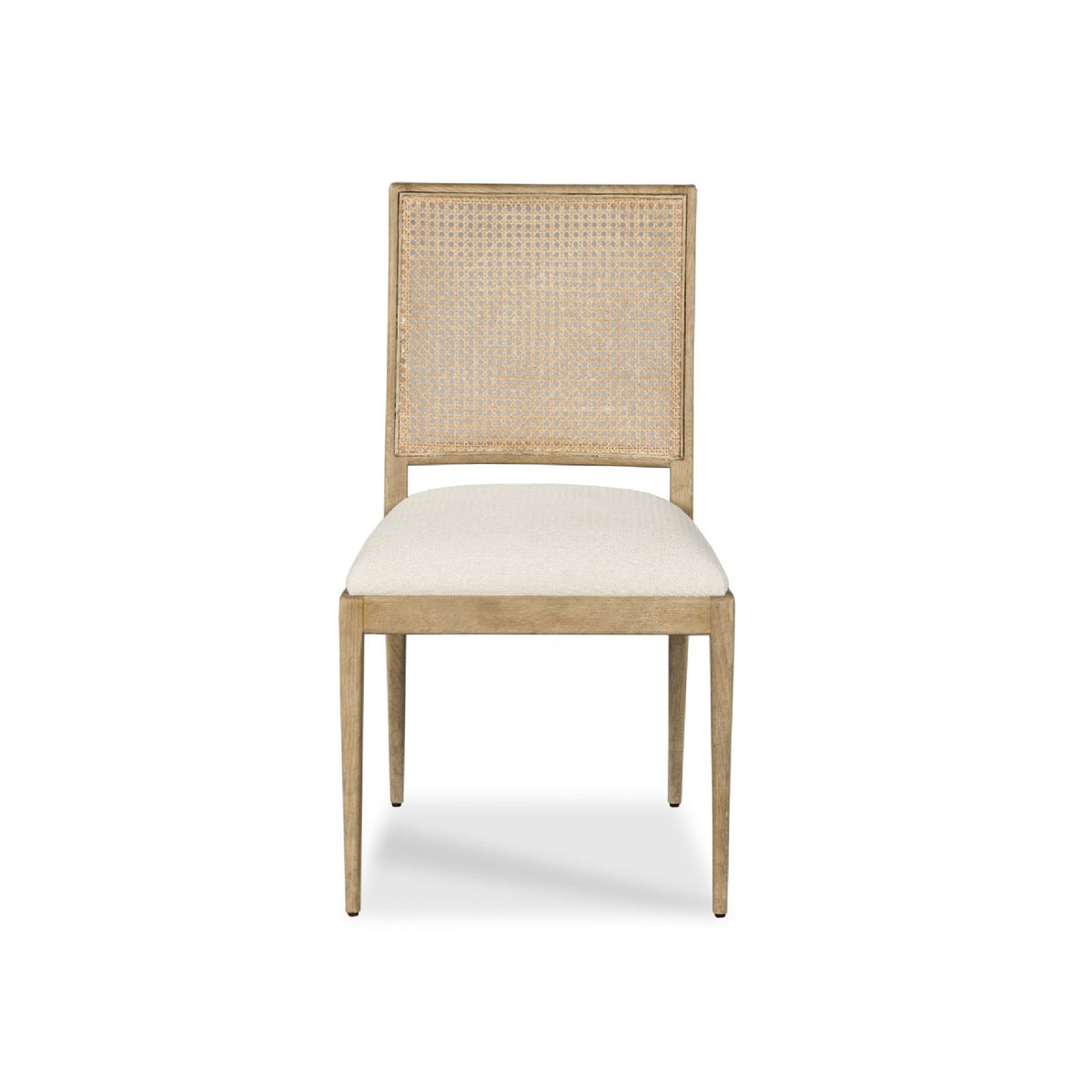 A light wood dining chair with a woven cane backrest and a cream upholstered seat, shown against a plain white background.