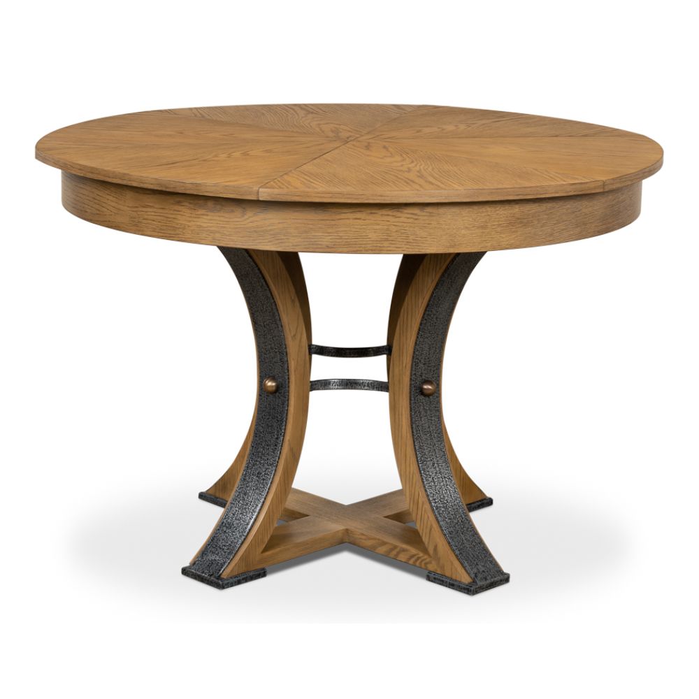 Unique light tan round table with dark leather finishes - Angle 2