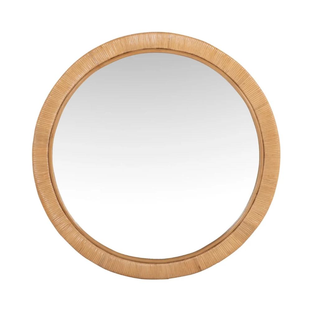 The Kenian Atoll Wrapped Rattan Round Mirror features a light brown natural frame, ideal for minimalist spaces.