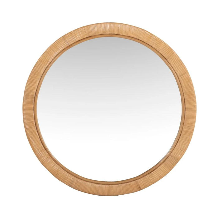 The Kenian Atoll Wrapped Rattan Round Mirror features a light brown natural frame, ideal for minimalist spaces.