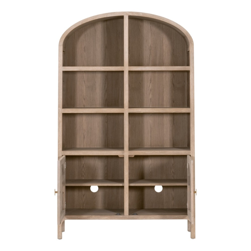 cane storage cabinet two door multi shelf natural gold hardware