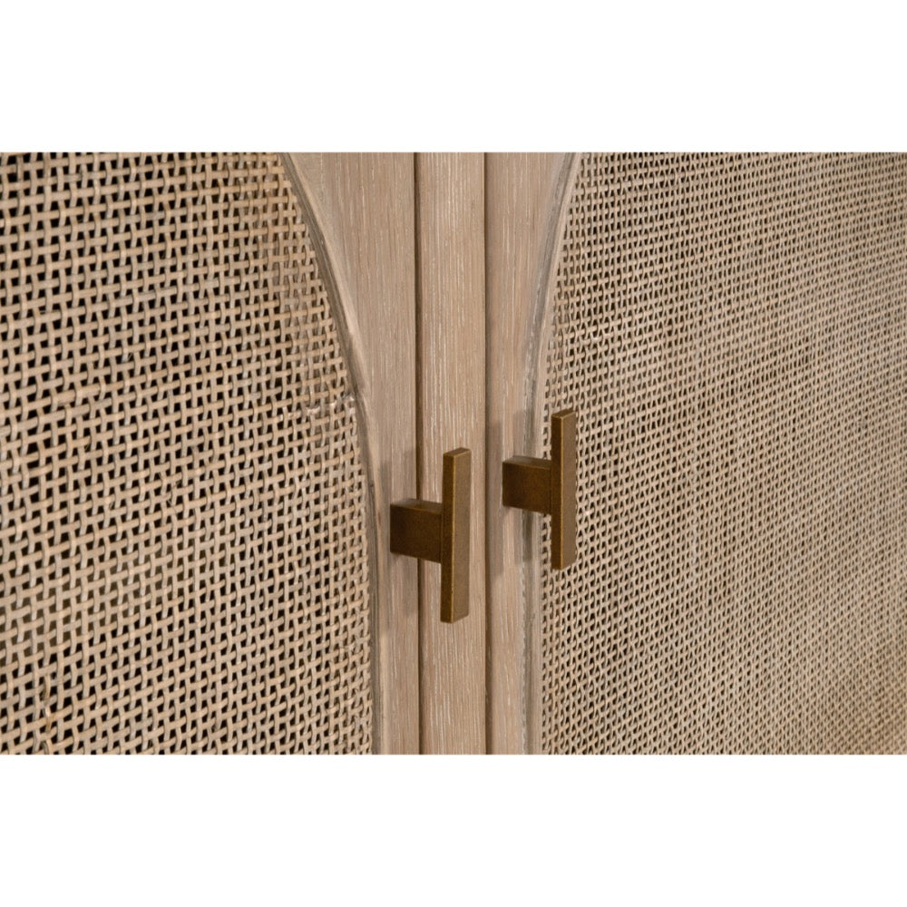 cane storage cabinet two door multi shelf natural gold hardware