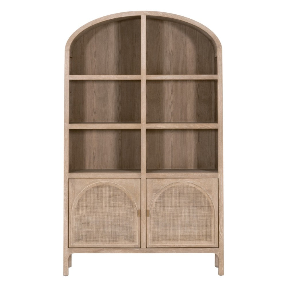 cane storage cabinet two door multi shelf natural gold hardware