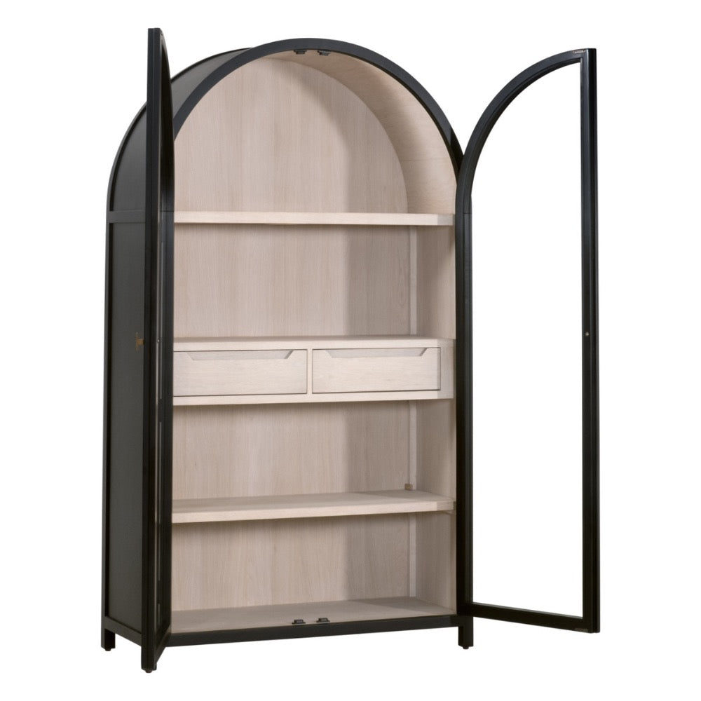 Arched bookshelf with open doors on a white background
