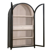 Arched bookshelf with open doors on a white background