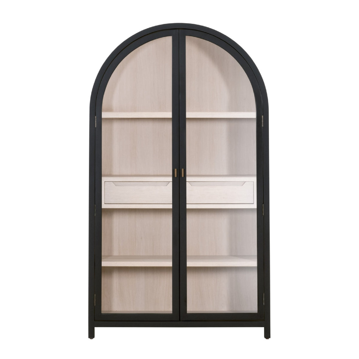 An arched bookcase cabinet with a black frame and light wood interior shelves, shown against a plain white background.
