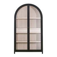 An arched bookcase cabinet with a black frame and light wood interior shelves, shown against a plain white background.