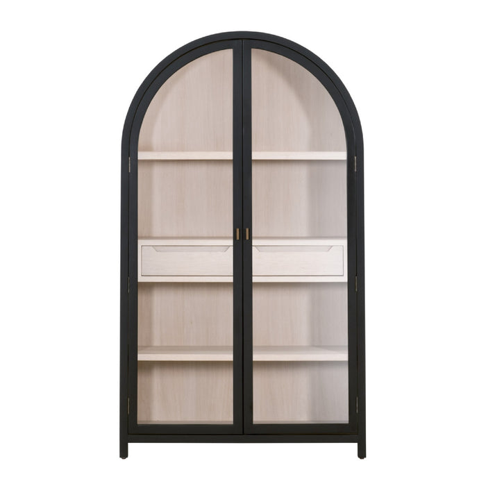 An arched bookcase cabinet with a black frame and light wood interior shelves, shown against a plain white background.