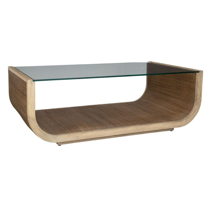 coffee table glass top woven wood detail driftwood gray finish