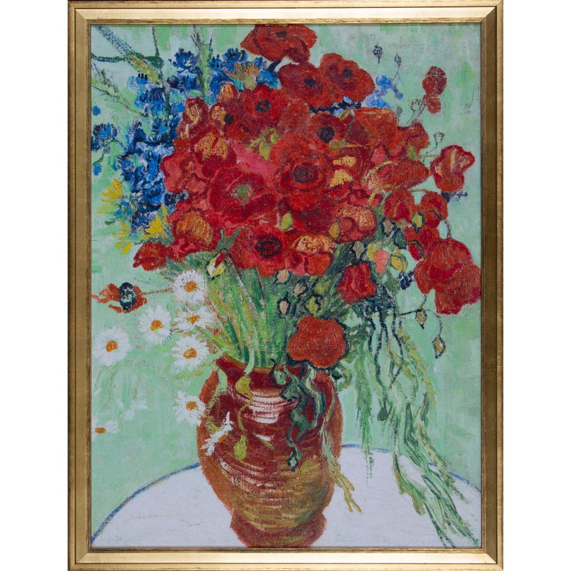 art print red poppies blue cornflowers and white daisies in a vase 