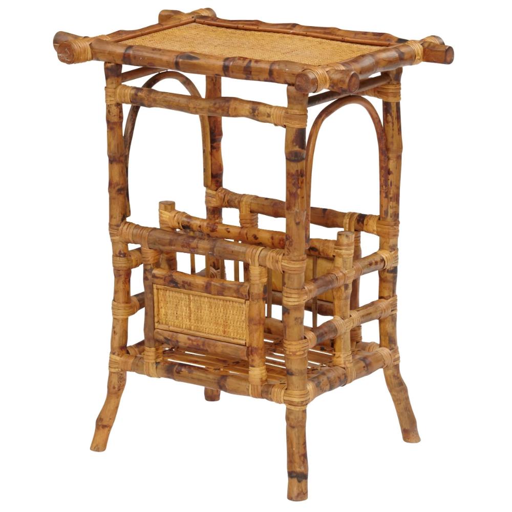 tortoise shell bamboo fold out chair and magazine holder table in a neutral room