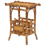 tortoise shell bamboo fold out chair and magazine holder table in a neutral room