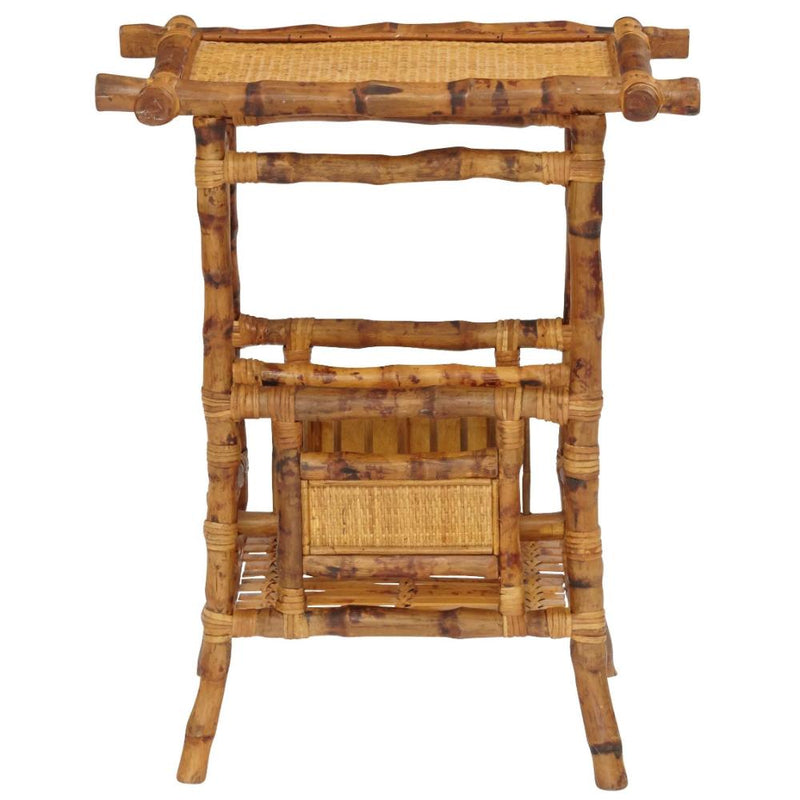 tortoise shell bamboo fold out chair and magazine holder table in a neutral room