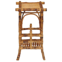 tortoise shell bamboo fold out chair and magazine holder table in a neutral room