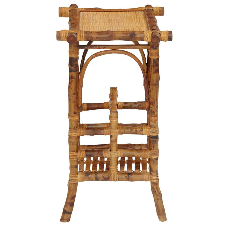 tortoise shell bamboo fold out chair and magazine holder table in a neutral room