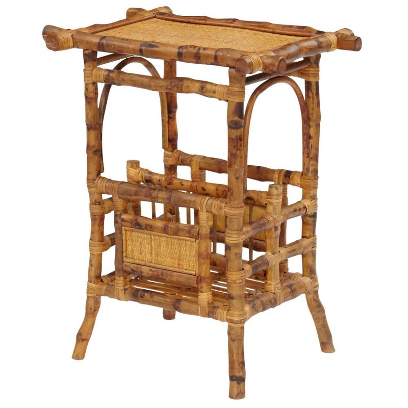 tortoise shell bamboo fold out chair and magazine holder table in a neutral room