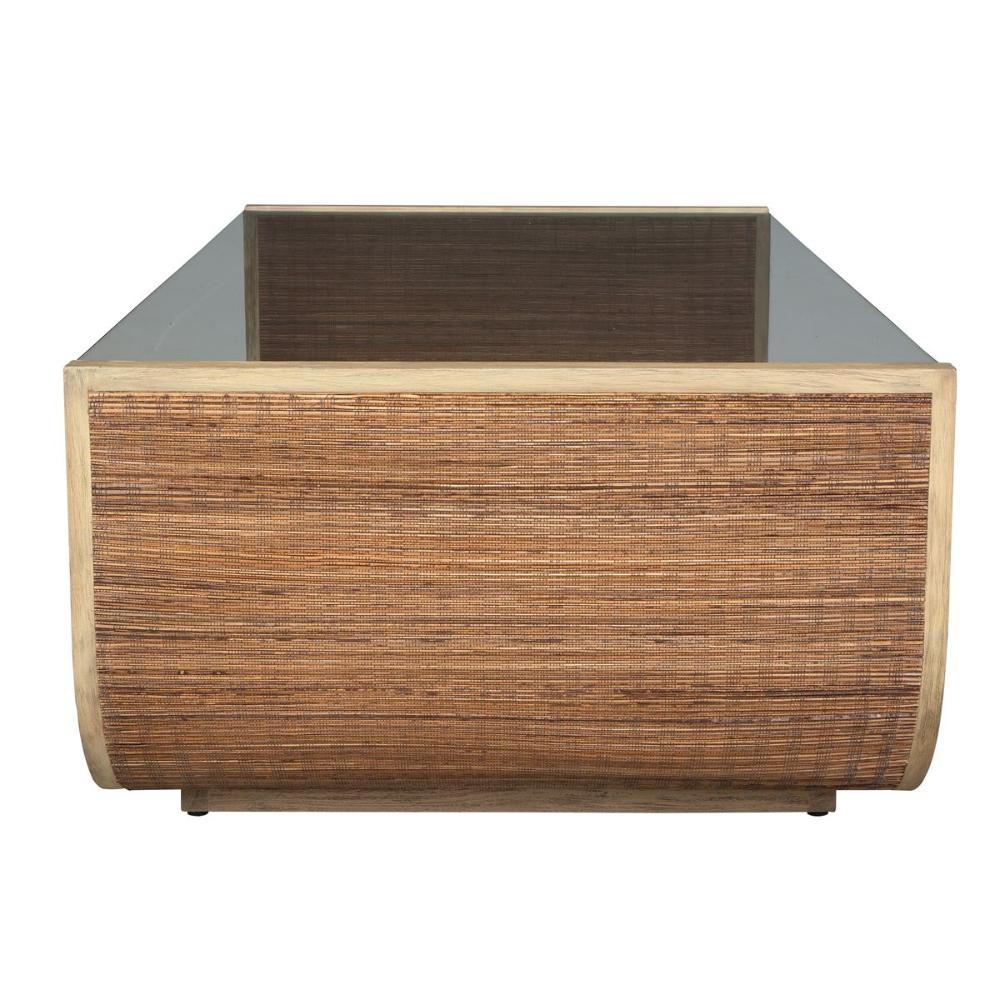 coffee table glass top woven wood detail driftwood gray finish
