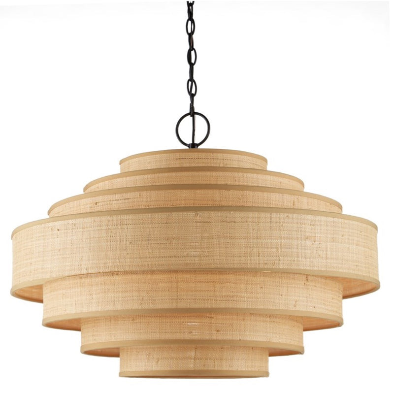 round natural grasscloth covered layered shades chandelier