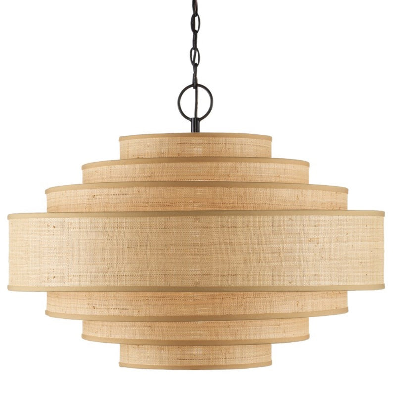 round natural grasscloth covered layered shades chandelier