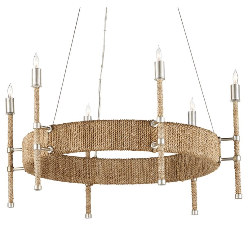 round chandelier abaca rope wrapped frame 6-bulb silver leaf detail
