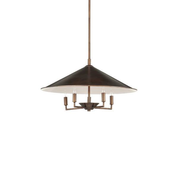 Bronze ceiling light fixture with five bulbs on a white background