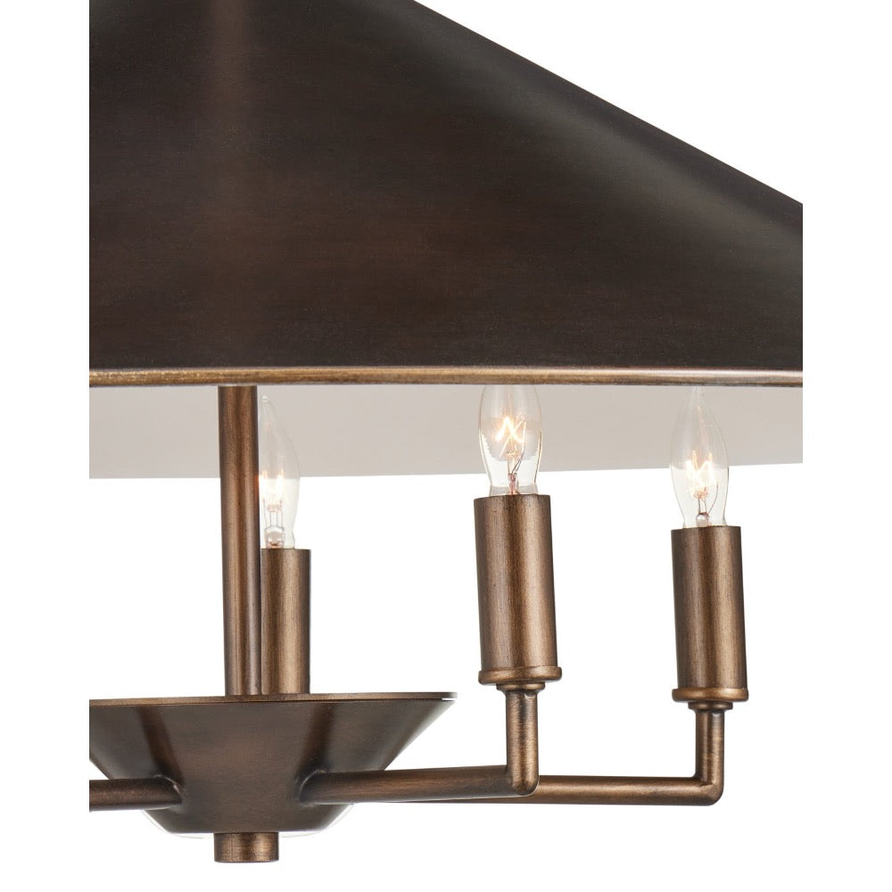 Bronze ceiling light fixture with three lit bulbs on a white background