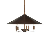A modern five-light pendant chandelier with a dark bronze conical shade and matching metal arms, suspended against a plain white background.