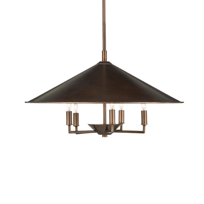 A modern five-light pendant chandelier with a dark bronze conical shade and matching metal arms, suspended against a plain white background.