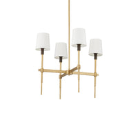 A modern 4-light chandelier with a brushed gold metal frame, four tapered white fabric shades, and dark metal socket collars, shown against a plain white background.