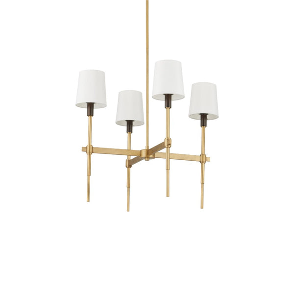 A modern 4-light chandelier with a brushed gold metal frame, four tapered white fabric shades, and dark metal socket collars, shown against a plain white background.