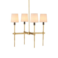 A modern 4-light lit chandelier with a brushed gold metal frame, four tapered white fabric shades, and dark metal socket collars, shown against a plain white background.