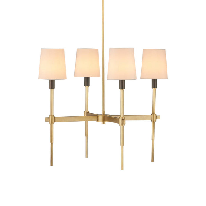 A modern 4-light lit chandelier with a brushed gold metal frame, four tapered white fabric shades, and dark metal socket collars, shown against a plain white background.