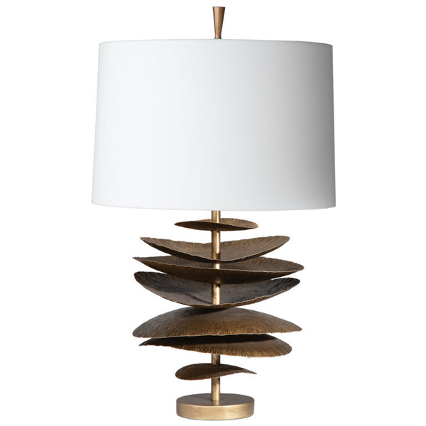 Table lamp with a unique spiral design base and white shade on a white background
