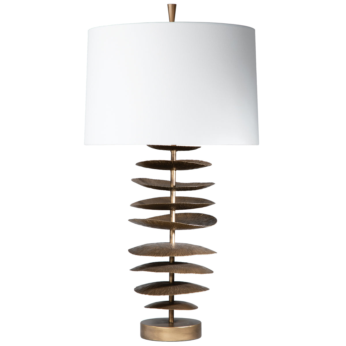 Decorative table lamp with a unique spiral design on a white background