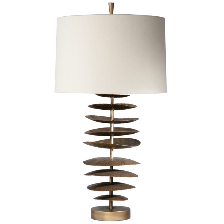 Decorative table lamp with a unique spiral design on a white background