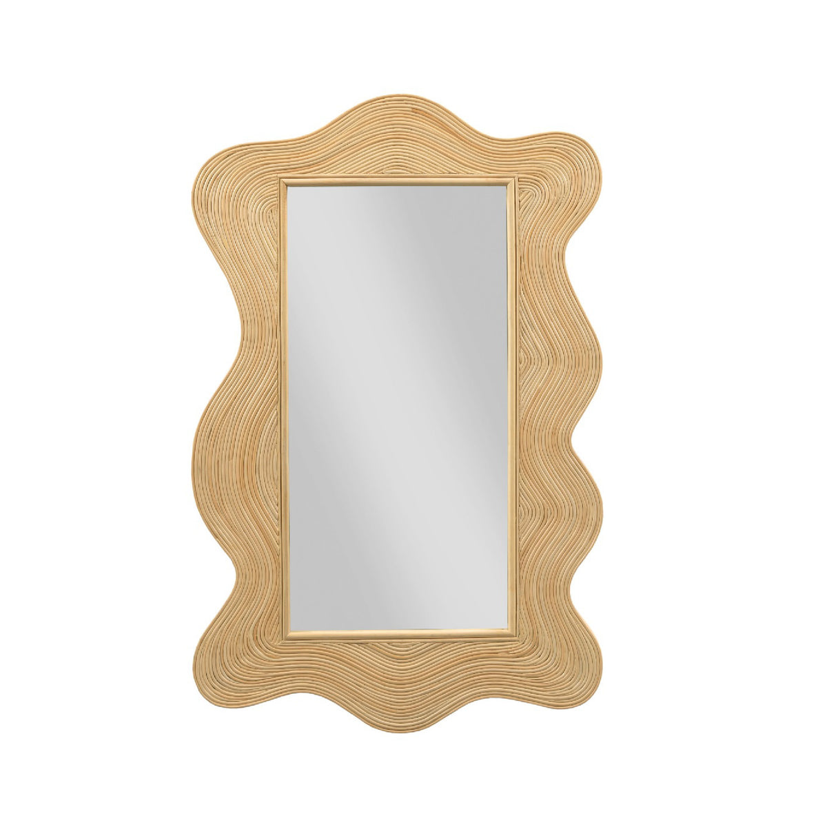 A rectangular wall mirror with a wavy, scalloped natural wood frame, shown against a plain white background.