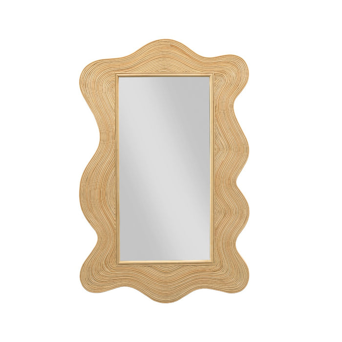 A rectangular wall mirror with a wavy, scalloped natural wood frame, shown against a plain white background.