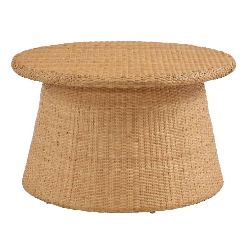 Round woven coffee table on a white background