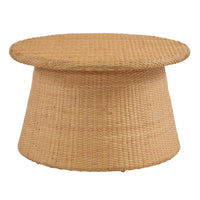Round woven coffee table on a white background