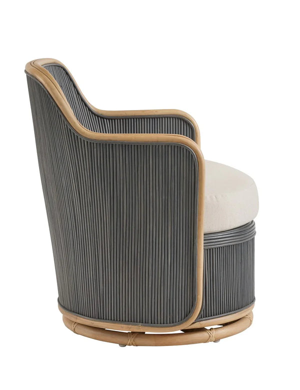 Modern chair with striped backrest and beige cushion on a white background