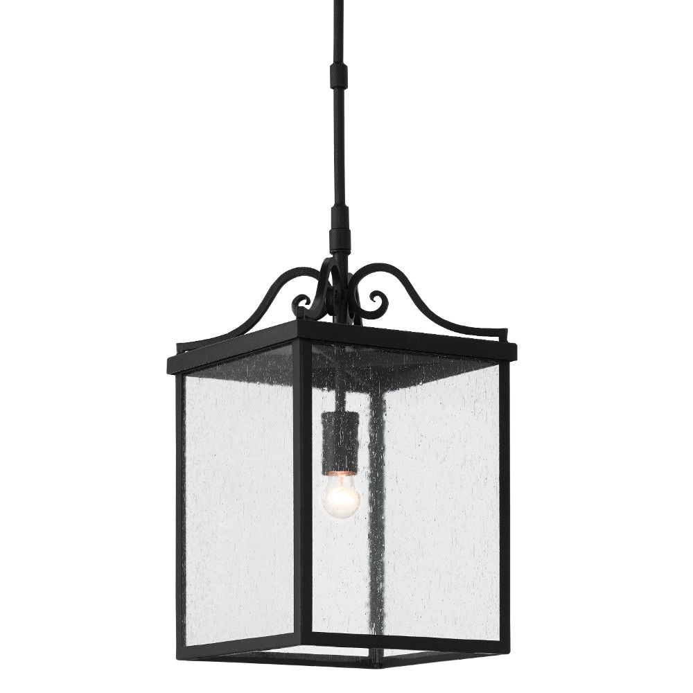 black iron square hanging 1-light outdoor lantern seeded glass scroll top