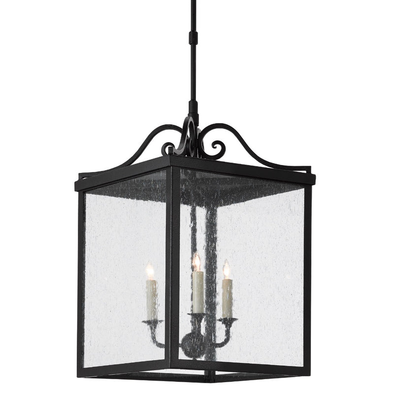 black iron square hanging 3-light outdoor lantern seeded glass scroll top