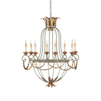 A multi-light hanging chandelier with a distressed sage green metal body and gold-toned accents, featuring candle-style bulbs and decorative scrollwork, shown against a plain white background.