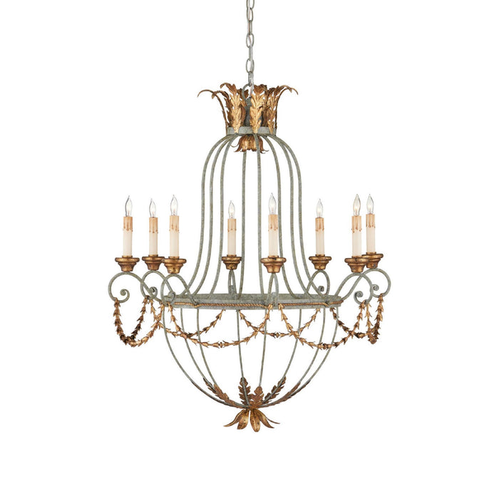 A multi-light hanging chandelier with a distressed sage green metal body and gold-toned accents, featuring candle-style bulbs and decorative scrollwork, shown against a plain white background.