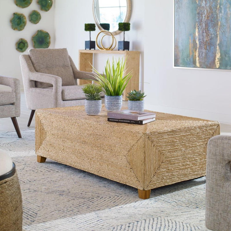 coffee table natural woven banana plant walnut stain feet 