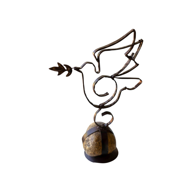 handmade distressed metal caged rock olive branch dove sculpture